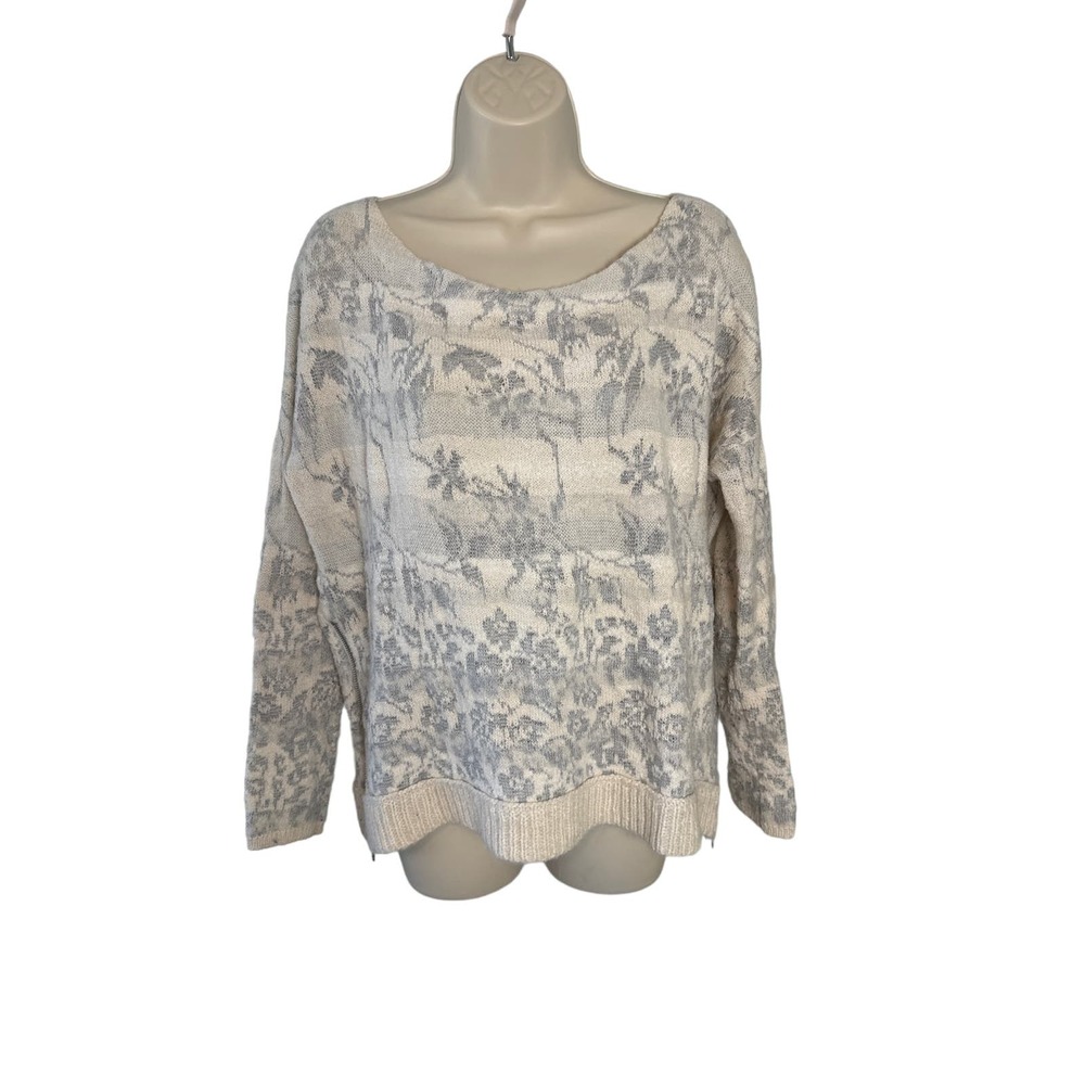 Free People Floral Jacquard Knit Side Zip Sweater‎ Cream Grey Womens Medium